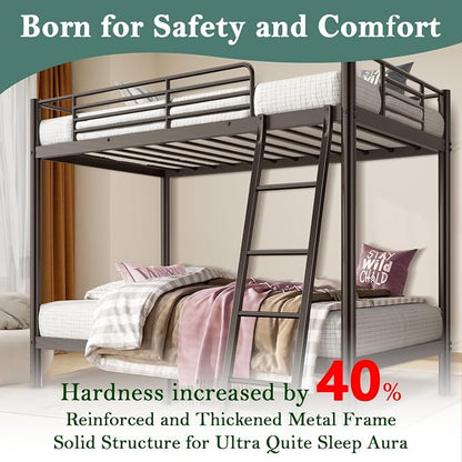Bunk Bed Twin Over Twin with Safety Guardrail & Ladder,Space Saving Twin Bed Frames for Kids Teens and Adults,Heavy Duty Metal Bunk Bed for School Bedroom,No Box Spring Needed（Black）