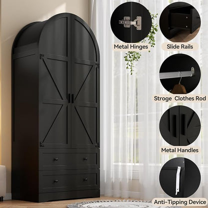 Black Armoire Wardrobe Closet,Wooden Wardrobe with 2 Doors and 2 Drawers,Bedroom Freestanding Armoire Storage Cabinet with Hanging Rack,Wardrobe Storage with with Hanging Rod for Bedroom, Cloak Room