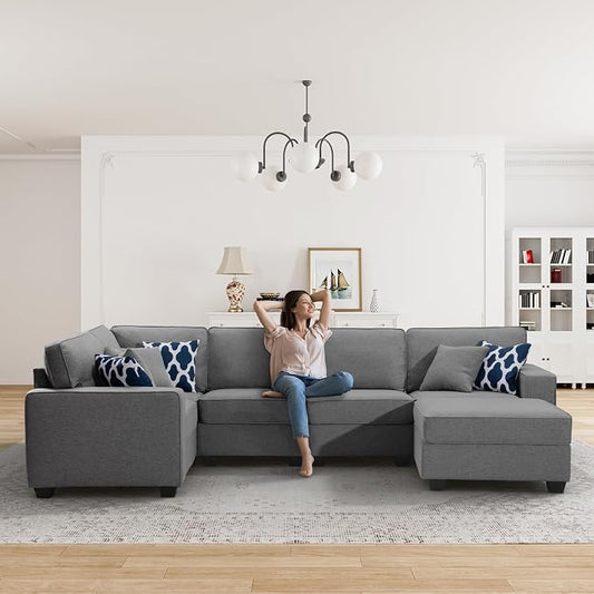 Legend Vansen Oversized Modular Sectional Sofa,U/L‑Shaped Reversible Couch with Ottoman,Deep Seat Plush Polyester Sofa for Living Room,6‑Seater,Dark Grey