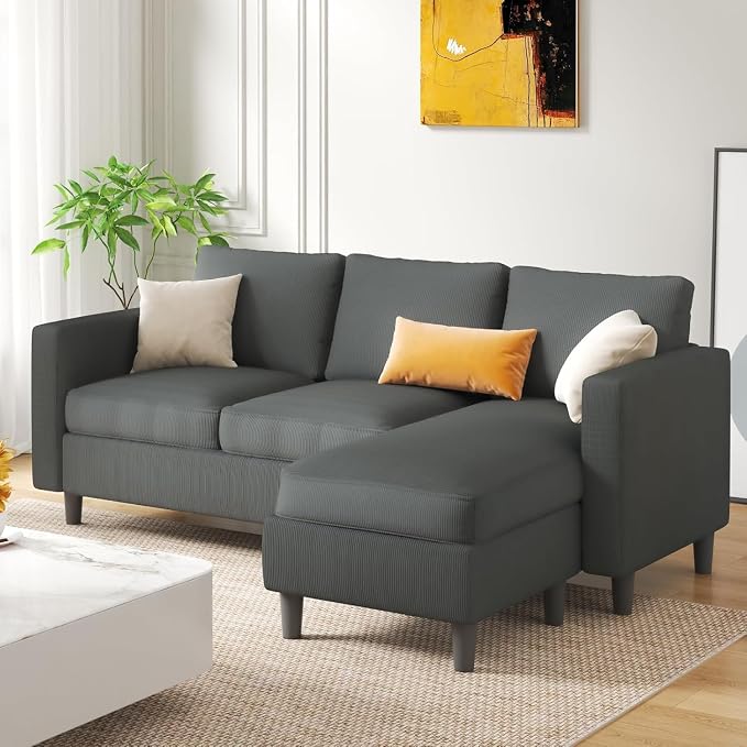 JAMFLY 3-Seat Reversible Sectional Sofa with Convertible Ottoman, Modern Ribbed Fabric L-Shaped Couch for Living Room, Small Apartment & Office, Easy Tool-Free Assembly, Grey
