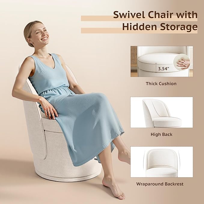 MALOL 360° Swivel Accent Chair- Comfy Living Room Armchair No-Sag Foam & Sturdy Metal Base, Fully Assembled Swivel Accent Single Sofa for Bedroom, Office, Beige