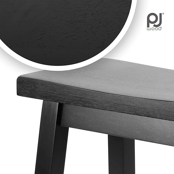 PJ Wood Classic Saddle-Seat 24'' Tall Kitchen Counter Stool for Homes, Dining Spaces, and Bars with Backless Seat, 4 Square Legs, Black (4 Pack)