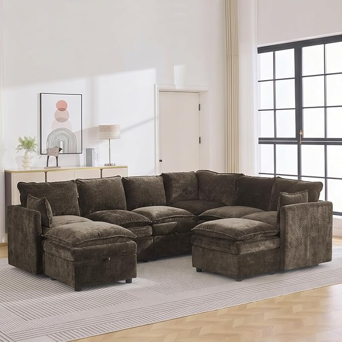 105" Brown Modular Storage Sofa, U Shaped Chenille Couch with 2 Ottomans | Oversized Convertible Sectional Sofa, 6-Seat Sectional Couch With 2 Ottomans, Large Cloud Couch For Living Room, Apartment.