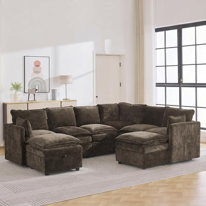 105" Brown Modular Storage Sofa, U Shaped Chenille Couch with 2 Ottomans | Oversized Convertible Sectional Sofa, 6-Seat Sectional Couch With 2 Ottomans, Large Cloud Couch For Living Room, Apartment.