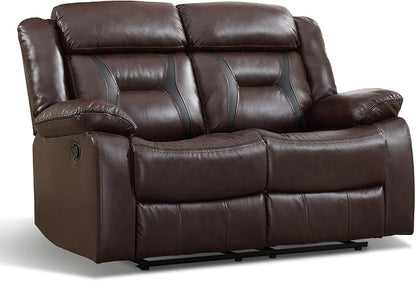 EBELLO Manual Faux Leather Loveseat Recliner, 2 Seat Reclining Sofa Chair with Center Console, Hidden Storage and Cup Holders, Daul Recliner for Living Room, Meeting Room, Dark Brown (Loveseat)