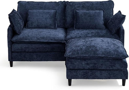 113" Chenille Modular Sectional Sofa, Convertible L Shaped Modular Sofa Comfy Cloud Couch with Ottoman, Side Pockets and 5 Throw Pillows for Living Room (Blue, 75.3" - 3 Seats)