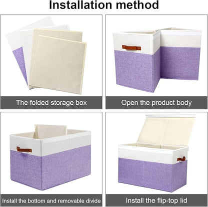 Large Toy Box with Lid, Sturdy Toy Storage Chest Bin Boxes Organizer Basket with Dividers for Toddlers, Kids, Boys, Girls, Nursery, Living Room, Bedroom, Playroom 25"x13" x16" (Purple and White)
