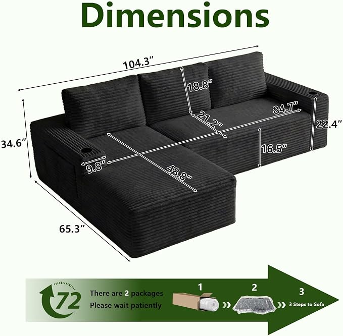 104.3" Modular Sectional Sofa,Modern Corduroy Cloud Couch with Cup Holder & Side Pockets,Boneless Couch Upholstered 3-Seater L-Shaped Sofa for Living Room,No Assembly (Black, Left-Facing Chaise) | with Cup Holder
