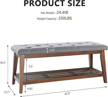 kinmars Upholstered Bench for Bedroom End of Bed,42.5-inch Entryway Bench for Living Room,Dining Bench with Padded Seat and Solid Wood Leg for Kitchen Bedroom,Indoor and Hallway (Shoe Bench, Grey)