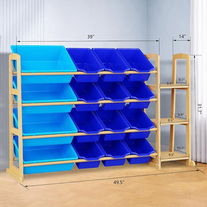 Kids Toy Storage Organizer with Bookshelf – Wooden Shelf with 16 Bins & 3 Shelves, Quick Assembly Storage Rack for Playroom, Bedroom, Nursery - Blue