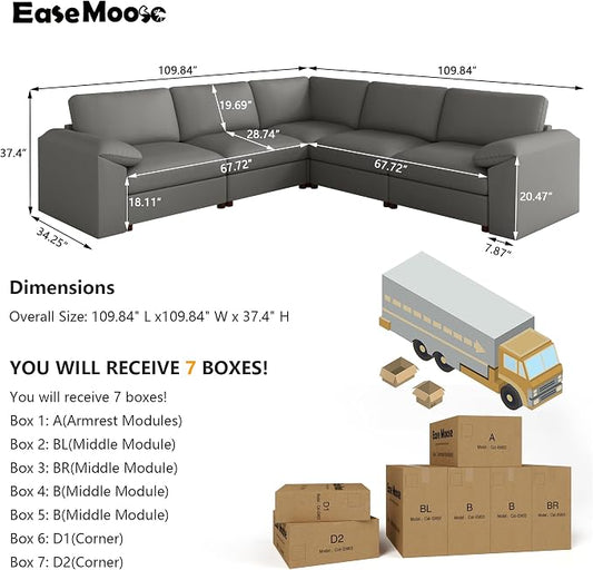 EASE MOOSE Oversized Corner Modular Sectional Sofa, Faux Leather Sectional Sofa with Deep Seat, Scratch Resistant Faux Leather Material, Extra Large L Shaped Couch for Living Room, Grey