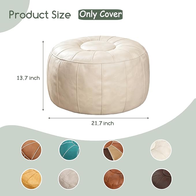 Thgonwid Unstuffed Moroccan Storage Pouf Foot Stool Ottoman Seat, No Filler Included, Handmade Faux Leather Bean Bag Floor Chair Foot Rest for Living Room, Bedroom or Balcony, Ivory White