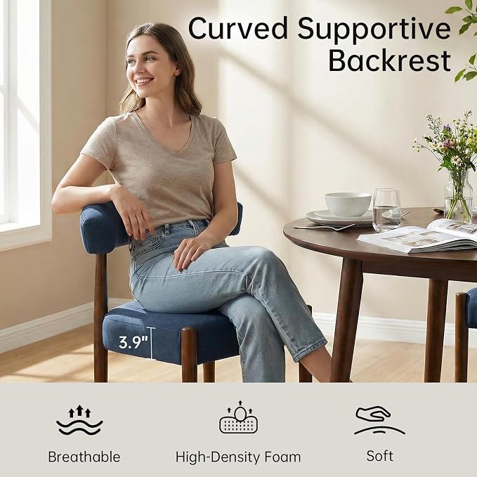 VKNOW Wooden Dining Chairs Set of 2, Modern Upholstered Dining Room Chairs with Walnut Wood Legs and Curved Backrest, Fabric Kitchen Chairs for Farmhouse/Living Room/Dining Room, Blue