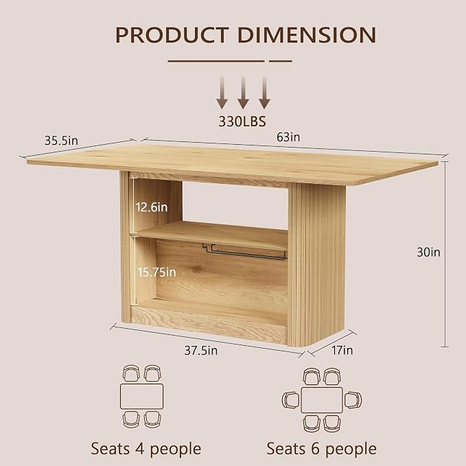 FUQARHY 63" Dining Table with Storage, Farmhouse Rectangular Kitchen Table