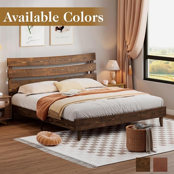 LUXOAK 14 Inch Solid Wood Bed Frame with Headboard, Japanese Bed Frame, Mid-Century Style Queen Size Platform Bed with Wood Slats Support, No Box Spring Needed, Easy Assembly, Chocolate