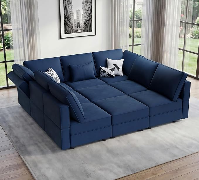 Vesgantti Modular Sofa Bed with Storage, 92" Sleeper Sofas with 9 Seats Storage Chaises Removable Cover, Luxury Large Velvet Sectional Couch Set for Living Room, Apartment, Home Theater, Blue