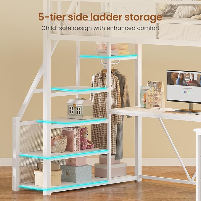 Itaar Stairway Twin Size Loft Bed with L Shaped Desk and Wardrobe, Metal Loft Bed Frame with Storage Stairs, 3 Fabric Drawers, LED Lights & Charging Sation (White, Twin)