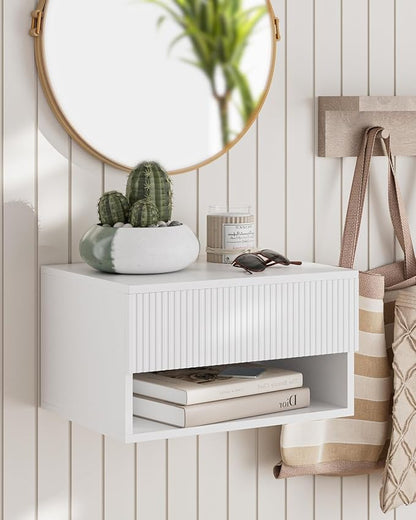 Modern Small Nightstand with Drawer, Floating Shelves for Bedroom, Bathroom (White Stripe)