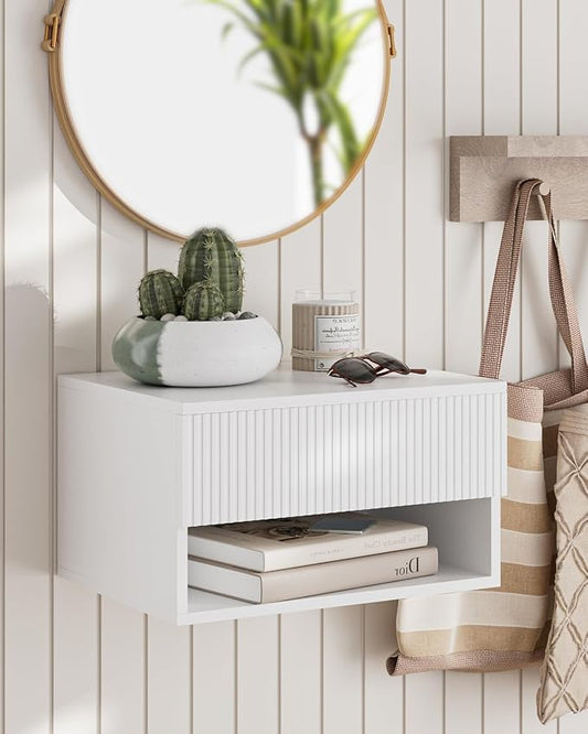 Modern Small Nightstand with Drawer, Floating Shelves for Bedroom, Bathroom (White Stripe)