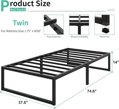 Lutown-Teen 14 Inch Twin Bed Frames Heavy Duty Metal Twin Size Platform Bed Frame No Box Spring Needed, Noise Free, Easy Assembly, Black