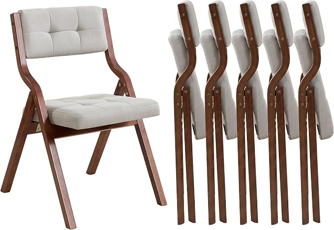 Folding Chairs with Cushion Set of 6,Padded Foldable Dining Chairs,Portable Wooden Folding Dining Chairs for Dining Room Kitchen Wedding Party Indoor Linen Walnut Lightgrey
