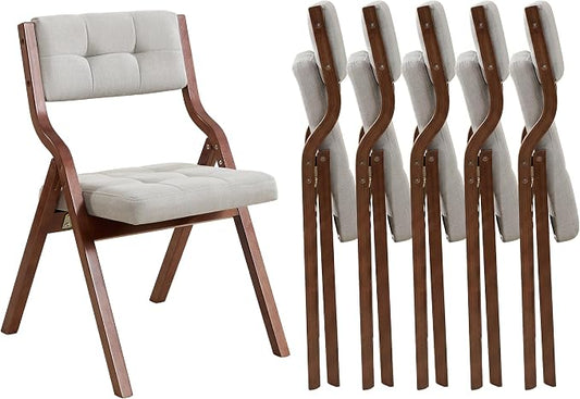 Folding Chairs with Cushion Set of 6,Padded Foldable Dining Chairs,Portable Wooden Folding Dining Chairs for Dining Room Kitchen Wedding Party Indoor Linen Walnut Lightgrey