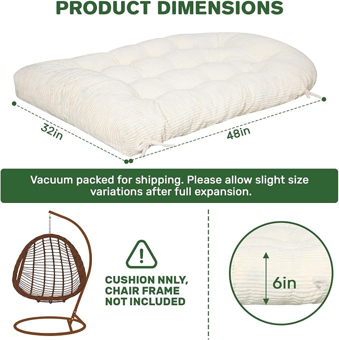 idee-home Egg Chair Cushion Replacement, Tufted Hanging Egg Chair Cushions with Corduroy Cover, Oversized Wicker Swing Cushion for Indoor Hammock Basket Chair, Beige (Chair Not Included), 48x32 Inch