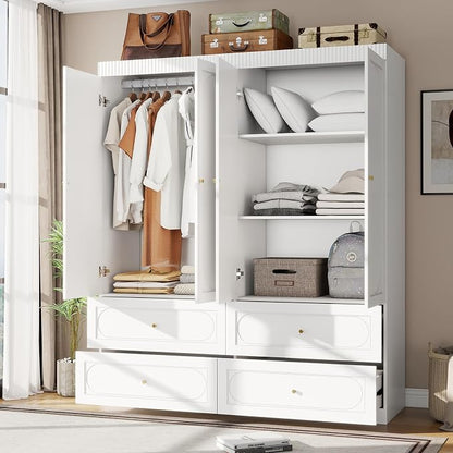 Armoire Wardrobe Closet with Drawers: 74 Inch Tall 4 Door Armoire Wardrobe Closet with 4 Drawers, Wood Modern Wardrobes Cabinet for Bedroom (White)