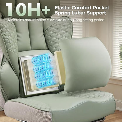 GTPLAYER Big and Tall Gaming Chair 400lbs Heavy Duty Office Chair with Foot Rest & Ergonomic Pocket Spring Lumbar Support, High Back 3D Saddle Shaped Cushion for Back Pain Relief, Green