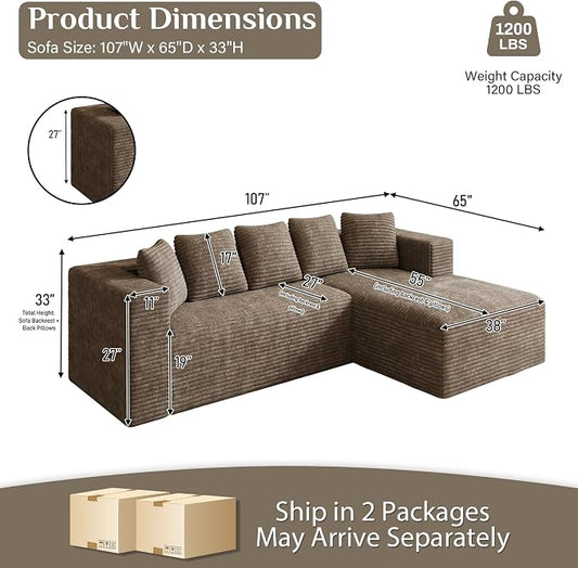 Oversized L Shaped Boneless Sectional Couches for Living Room, 107" Comfy Fluffy Cloud Modular Sectional Sofa, Plush Corduroy Memory Foam Floor Sofa with Right Facing Chaise Couch
