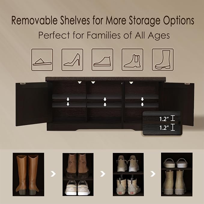 DINZI LVJ Shoe Bench, Entryway Storage Bench with Doors, Cushion, 2-Tier Shoe Rack with 6-Cubby, 39.4”L x 13.8”W Shoe Organizer Cabinet, Adjustable Shelf, Living Room, Bedroom, Espresso
