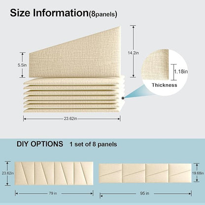 Peel and Stick Headboard for King Bed Linen Fabric Upholstered Wall Mounted Headboard - Wall Padding Panel in Beige for Bedroom/Living Room/Dorm (8 Panels)