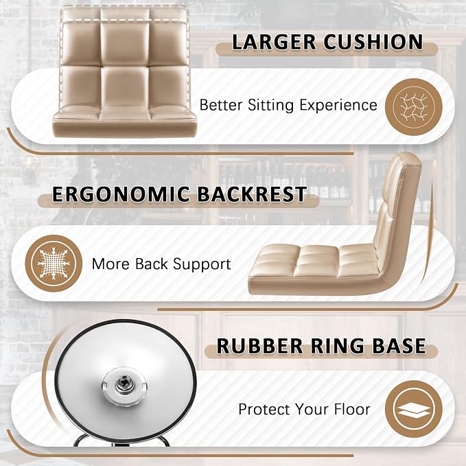 Homall Bar Stools Modern PU Leather Adjustable Swivel Barstools, Armless Hydraulic Kitchen Counter Bar Stool Extra Height Square Island Barstool with Back Set of 2 (Khaki)