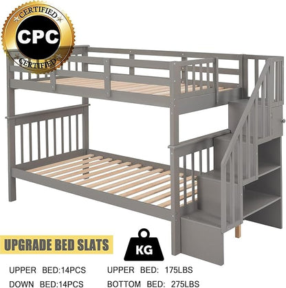 MERITLINE Twin Over Twin Bunk Bed with Storage Staircase, Solid Wood Stairway Convertible Bunk Bed with Stairs (Twin Over Twin,Grey)