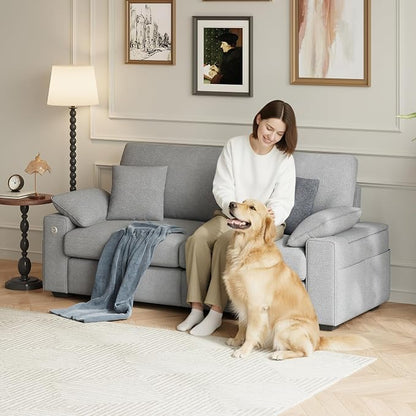 MALOL 76" Loveseat Couch, 3 Seater Upholstered Midcentury Mondern Love Seat with USB Type C Ports, 4 Pillows and Storage Armrest Cloud Foam Sofa for Living Room/Small Spaces, Grey | Breathable material