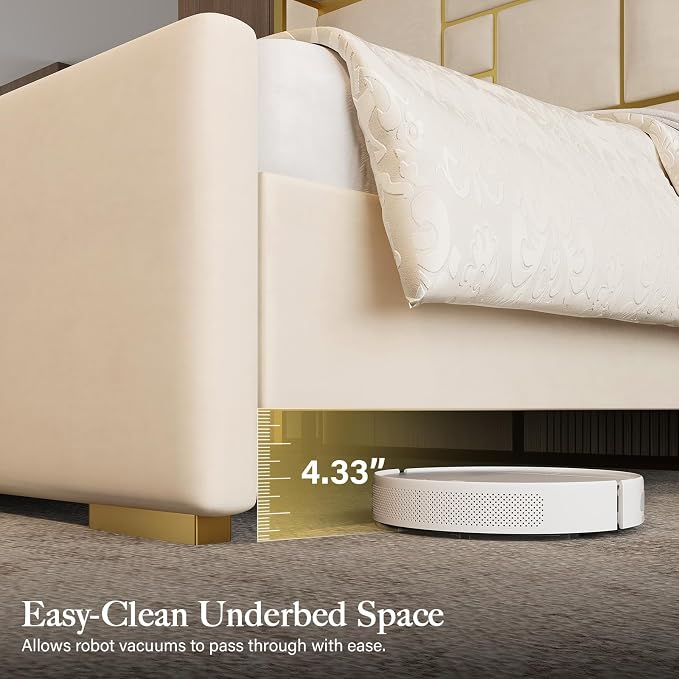 Queen Bed Frame with 55.12" Tall Headboard, Modern Luxury Velvet Upholstered Platform Bed with Gold Trim, Wide Wingback Design, Noise-Free, Easy Assembly, No Box Spring Needed, Beige