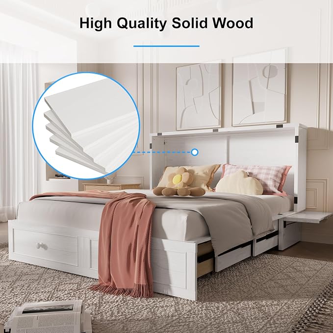 PUREMIND Queen Murphy Bed with Mattress Included, Murphy Cabinet Bed with Storage Drawer, Built-in Charging Station, Solid Wood Frame, Space-Saving Cabinet Beds for Small Spaces/Guest Room (White)