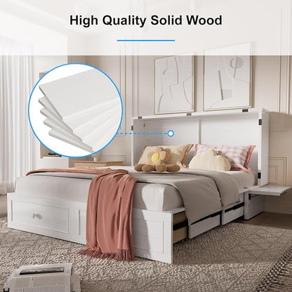 PUREMIND Queen Murphy Bed with Mattress Included, Murphy Cabinet Bed with Storage Drawer, Built-in Charging Station, Solid Wood Frame, Space-Saving Cabinet Beds for Small Spaces/Guest Room (White)
