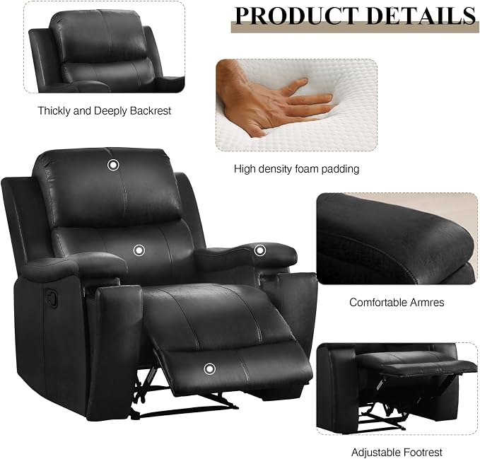 CANMOV Manual Recliner Chair, Classic Faux Leather Recliner Chair with Overstuffed Arms and Back, Manual Single Sofa with Concealed Cup Holders, Black