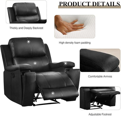 CANMOV Manual Recliner Chair, Classic Faux Leather Recliner Chair with Overstuffed Arms and Back, Manual Single Sofa with Concealed Cup Holders, Black