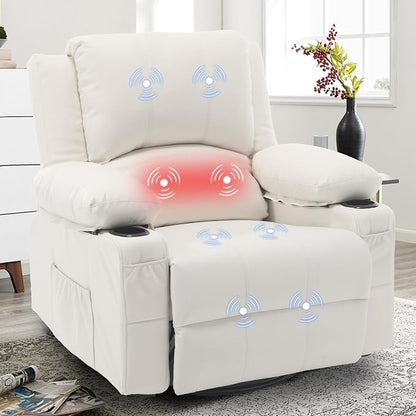 Leather Swivel Rocker Recliner Chair with Massage and Heat Overstuffed Manual Recliner Chairs with Cup Holders, Rocking Glider Chairs for Nursery White