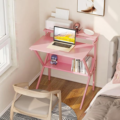 ODK Small Desk, 27.5 Inch Computer Desk for Small Spaces, Study Desk with Storage & Monitor Stand, Pink
