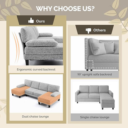 VINGLI 110' U-Shaped Sectional Couch with Two Chaise, Affordable Small Sofa with 4 Seats, Chenille Fabric Comfy Couches for Living Room, Light Grey