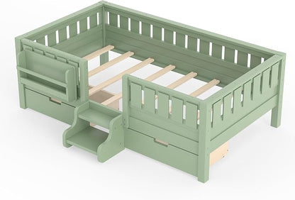 Bellemave Twin Montessori Bed with Stairs, Rails and Slats, Twin Size Montessori Floor Bed with Bookshelf and 2 Storage Drawers, Easy Assemble Beds Frame for Girls, Boys, Avocado Green