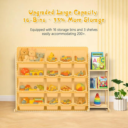 Kids Toy Storage Organizer with Bookshelf – Wooden Shelf with 16 Bins & 3 Shelves, Quick Assembly Storage Rack for Playroom, Bedroom, Nursery - White