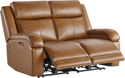 Watson & Whitely Genuine Leather Power Loveseat Recliner Sofa, 2 Seat Wall Hugger Reclining Sofa with Power Headrest & Charging Ports, Dual Recliner Sofas for Living Room, RV, Saddle Brown