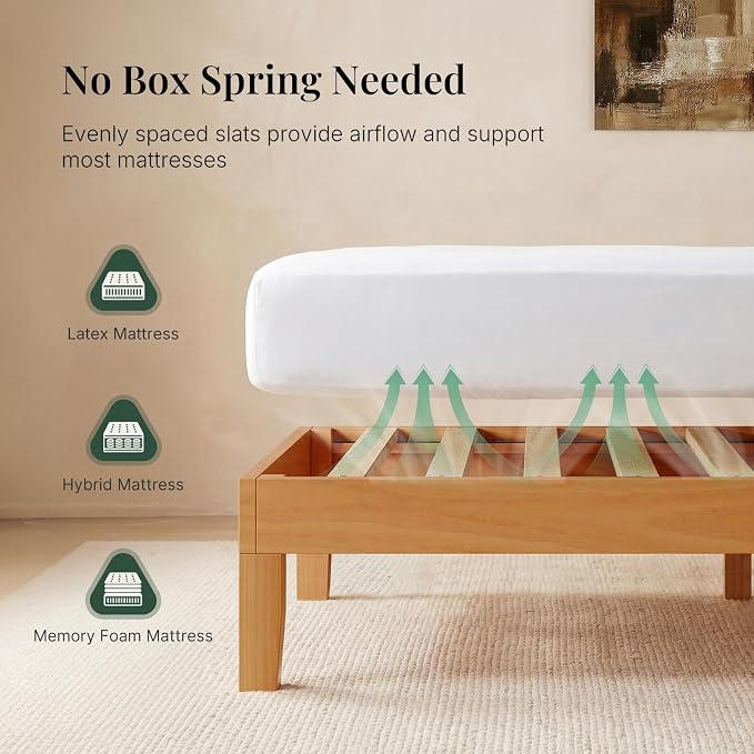 Sweetcrispy Twin Size Bed Frame 12 inch Heavy Duty Platform Bedframe, 500 lbs Capacity, Underbed Storage, No Box Spring Needed, Wooden Slats, Easy Assembly with Velcro, Honey Finish