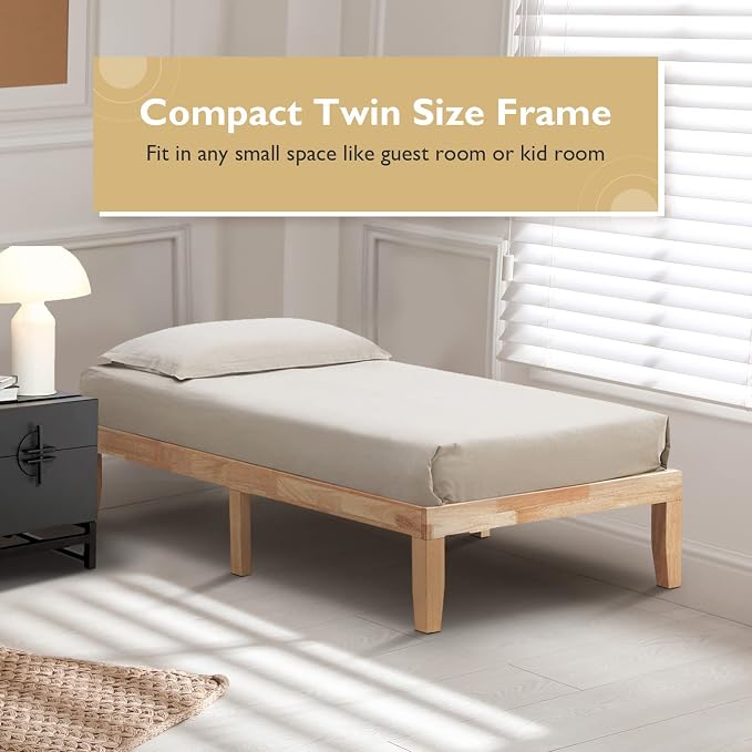 COSTWAY Twin Size Platform Bed Frame, 14 Inches Solid Rubber Wood Bed Mattress Foundation with Sturdy Slats Support, Easy Assembly Bed Frame for Home Hotel, No Box Spring Needed (Natural, Twin)
