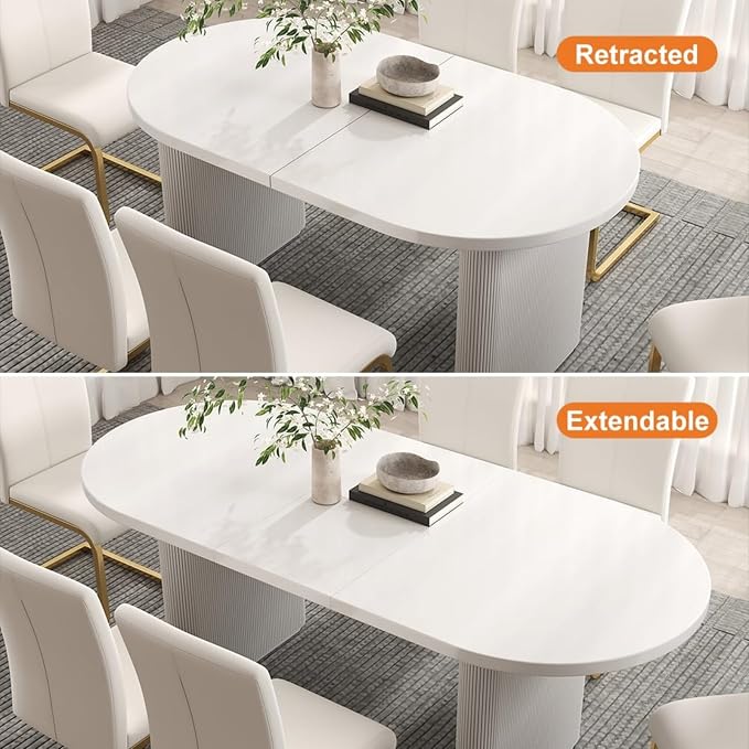 homary Extendable Oval Dining Table 63"-79", Japandi Style Kitchen Table for 4-6 People, Double Pedestal Base, Space-Saving Design for Family Gatherings, Holiday Dinners (Table Only)