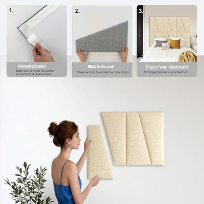 Peel and Stick Headboard for King Bed Linen Fabric Upholstered Wall Mounted Headboard - Wall Padding Panel in Beige for Bedroom/Living Room/Dorm (8 Panels)